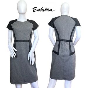EVOLUTION by Chris black Grey midi dress leather shoulders Fitted